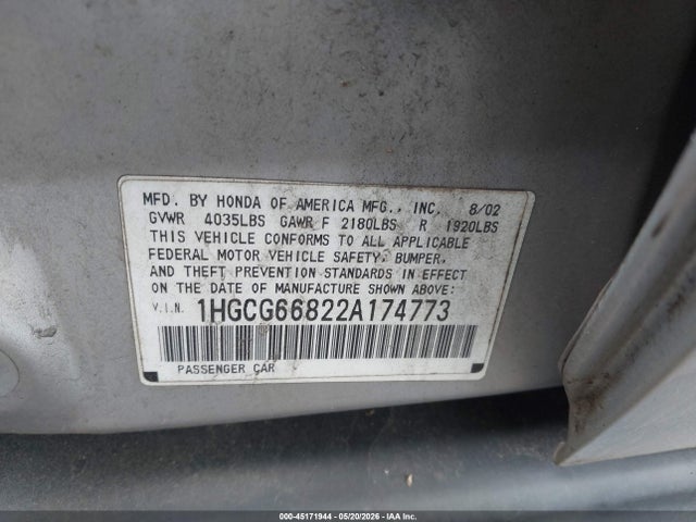 45171944 :رقم المزاد ، 1HGCG66822A174773 vin ، 2002 Honda Accord 2.3 Ex/2.3 Se مزاد بيع