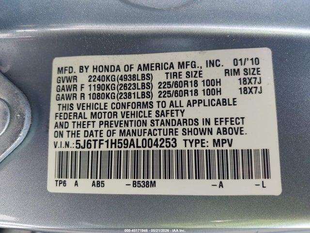 Продажа на аукционе авто 2010 Honda Accord Crosstour Ex-l, vin: 5J6TF1H59AL004253, номер лота: 45171946