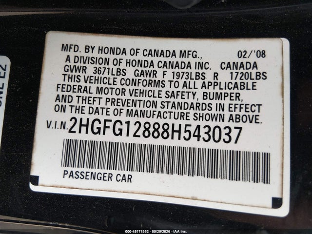 Продажа на аукционе авто 2008 Honda Civic Ex, vin: 2HGFG12888H543037, номер лота: 45171952