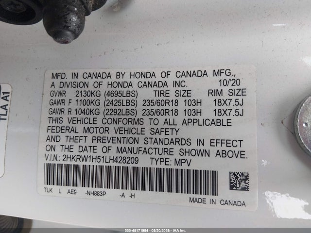 Продаж на аукціоні авто 2020 Honda Cr-v 2wd Ex, vin: 2HKRW1H51LH428209, номер лоту: 45171954