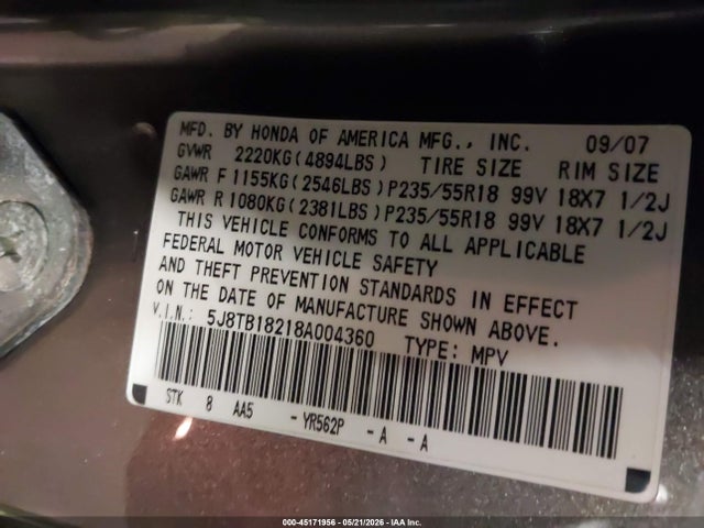 Aukcja sprzedaży 2008 Acura Rdx, vin: 5J8TB18218A004360, numer aukcji: 45171956