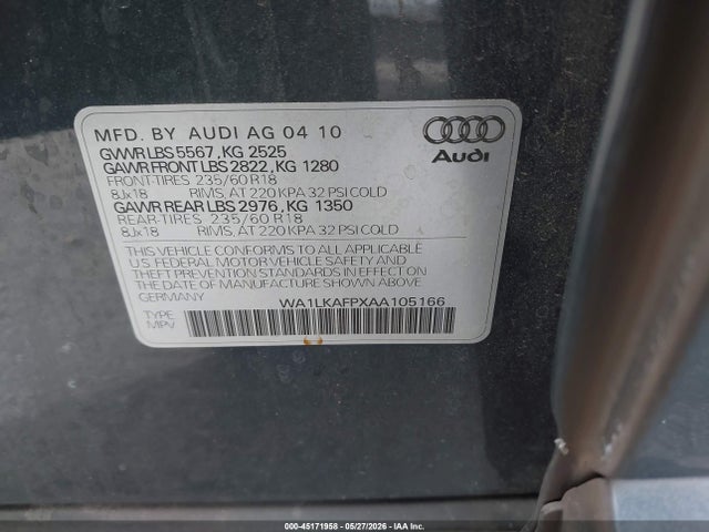 Продажа на аукционе авто 2010 Audi Q5 3.2 Premium, vin: WA1LKAFPXAA105166, номер лота: 45171958