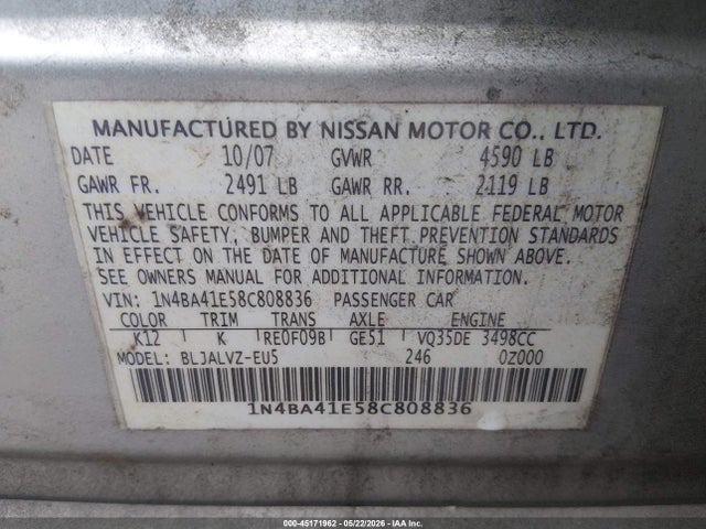 Продажа на аукционе авто 2008 Nissan Maxima 3.5 Se, vin: 1N4BA41E58C808836, номер лота: 45171962