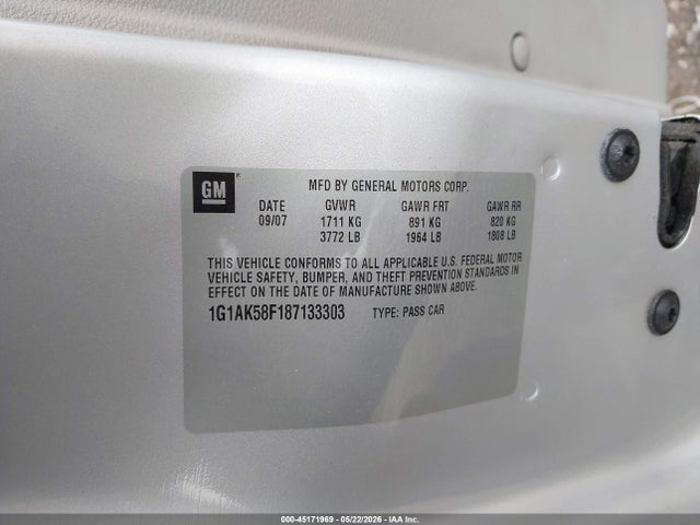 Продаж на аукціоні авто 2008 Chevrolet Cobalt Ls, vin: 1G1AK58F187133303, номер лоту: 45171969