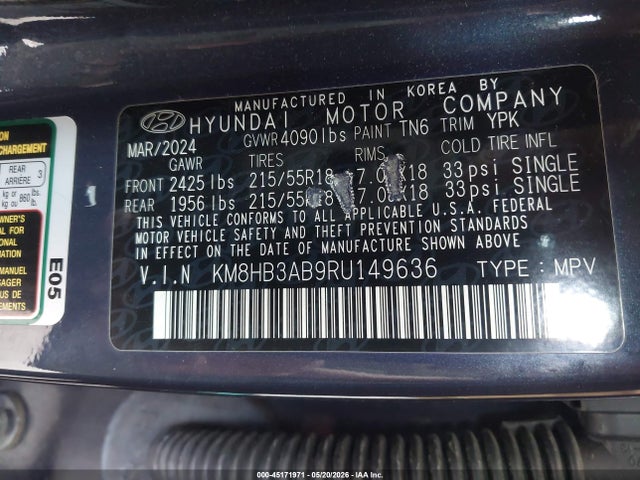 Продаж на аукціоні авто 2024 Hyundai Kona Sel, vin: KM8HB3AB9RU149636, номер лоту: 45171971