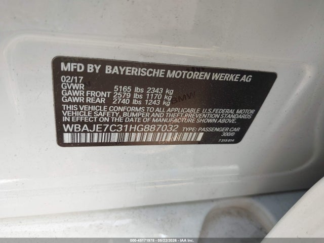 2017 Bmw 540i Xdrive მანქანა იყიდება აუქციონზე, vin: WBAJE7C31HG887032, აუქციონის ნომერი: 45171978