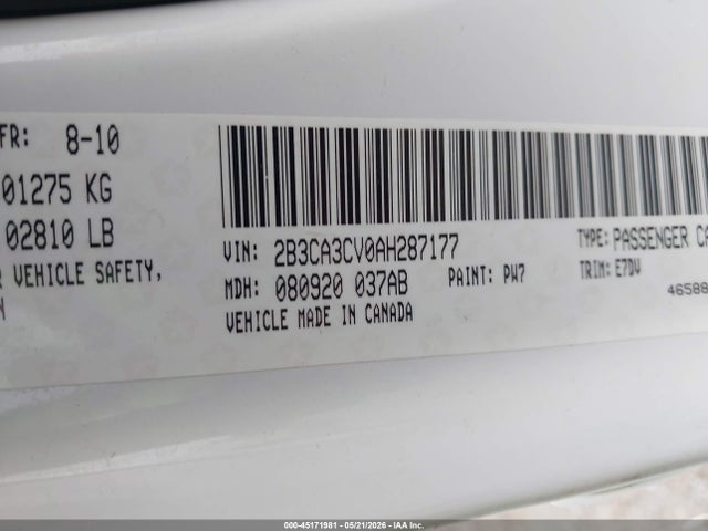 2010 Dodge Charger Sxt მანქანა იყიდება აუქციონზე, vin: 2B3CA3CV0AH287177, აუქციონის ნომერი: 45171981