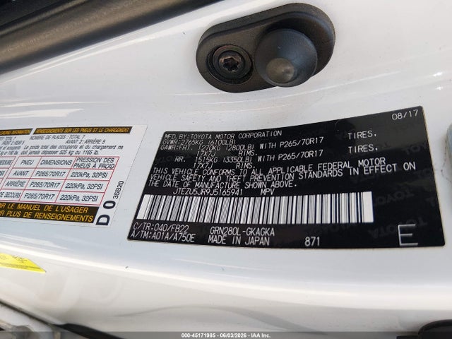 2018 Toyota 4runner Sr5 მანქანა იყიდება აუქციონზე, vin: JTEZU5JR9J5165941, აუქციონის ნომერი: 45171985