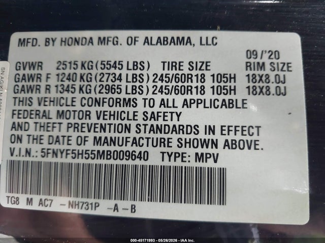 Aukcja sprzedaży 2021 Honda Pilot 2wd Ex-l, vin: 5FNYF5H55MB009640, numer aukcji: 45171993
