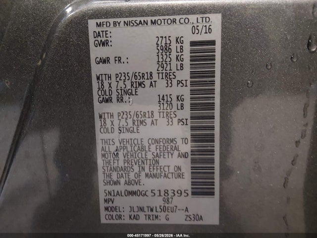 45171997 :رقم المزاد ، 5N1AL0MM0GC518395 vin ، 2016 Infiniti Qx60 مزاد بيع