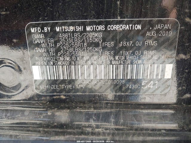 45172005 :رقم المزاد ، JA4AD3A37LZ010098 vin ، 2020 Mitsubishi Outlander Le 2.4 مزاد بيع