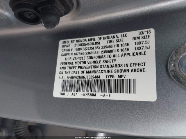 45172006 :رقم المزاد ، 7FARW2H86JE039484 vin ، 2018 Honda Cr-v Ex-l/ex-l Navi مزاد بيع