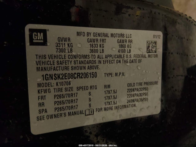 45172010 :رقم المزاد ، 1GNSK2E08CR206150 vin ، 2012 Chevrolet Tahoe Commercial Fleet مزاد بيع