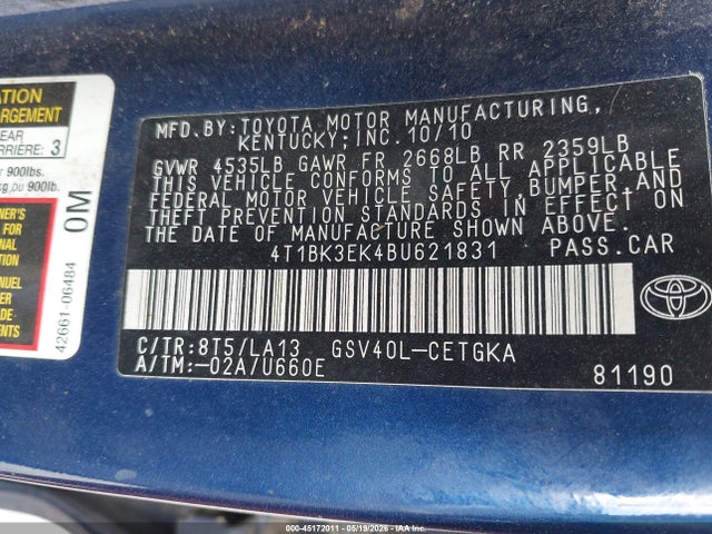 Aukcja sprzedaży 2011 Toyota Camry Xle V6, vin: 4T1BK3EK4BU621831, numer aukcji: 45172011