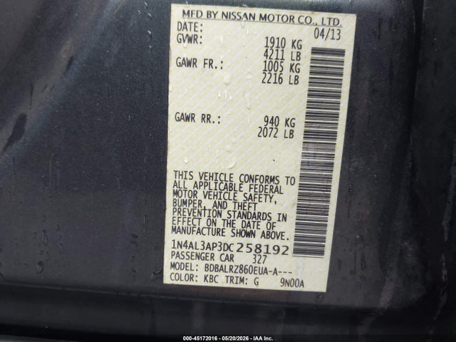 2013 Nissan Altima 2.5 S მანქანა იყიდება აუქციონზე, vin: 1N4AL3AP3DC258192, აუქციონის ნომერი: 45172016