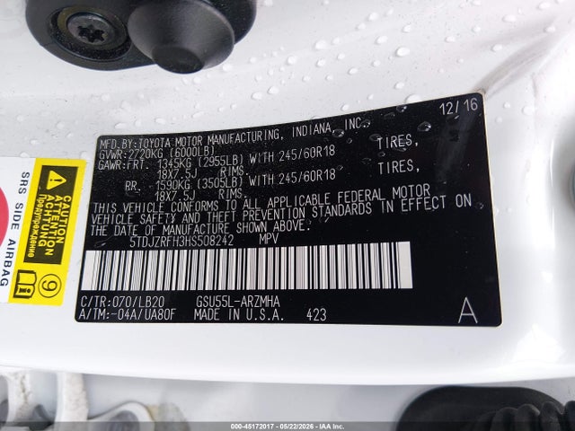 45172017 :رقم المزاد ، 5TDJZRFH3HS508242 vin ، 2017 Toyota Highlander Xle مزاد بيع
