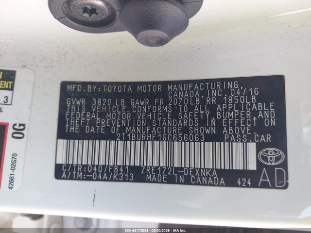 2016 Toyota Corolla Le მანქანა იყიდება აუქციონზე, vin: 2T1BURHE1GC656063, აუქციონის ნომერი: 45172024