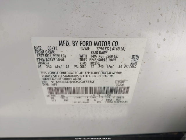 2013 Ford Explorer Xlt მანქანა იყიდება აუქციონზე, vin: 1FM5K8D81DGC87582, აუქციონის ნომერი: 45172025