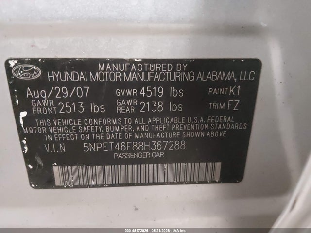 2008 Hyundai Sonata Gls V6 მანქანა იყიდება აუქციონზე, vin: 5NPET46F88H367288, აუქციონის ნომერი: 45172026