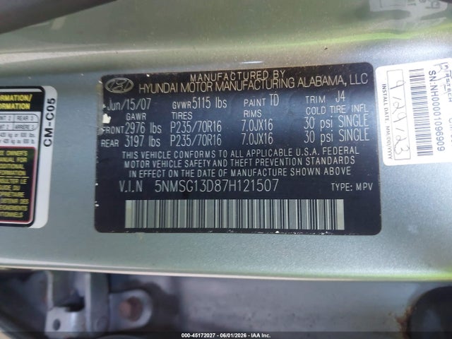 Продажа на аукционе авто 2007 Hyundai Santa Fe Gls, vin: 5NMSG13D87H121507, номер лота: 45172027