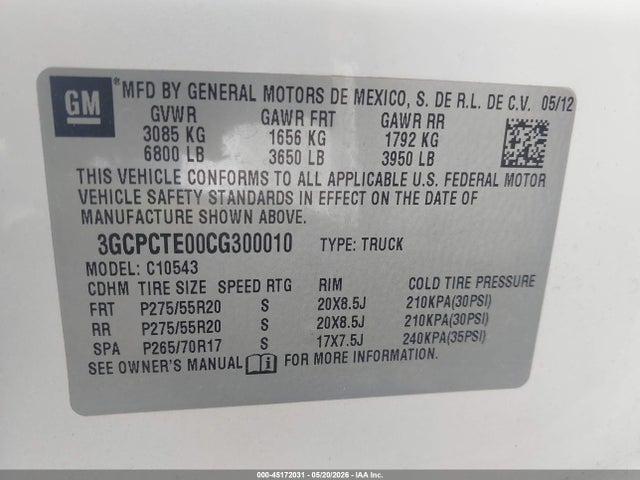 Aukcja sprzedaży 2012 Chevrolet Silverado 1500 Ltz, vin: 3GCPCTE00CG300010, numer aukcji: 45172031