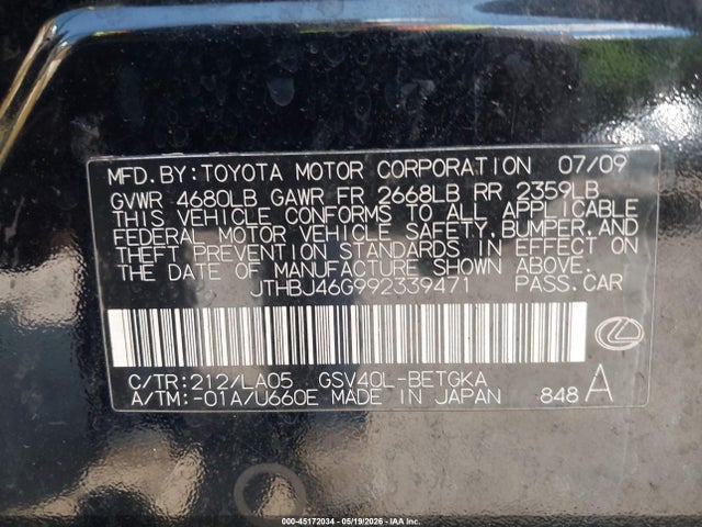 45172034 :رقم المزاد ، JTHBJ46G992339471 vin ، 2009 Lexus Es 350 مزاد بيع
