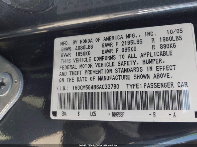 2006 Honda Accord 2.4 Lx მანქანა იყიდება აუქციონზე, vin: 1HGCM56486A032790, აუქციონის ნომერი: 45172046