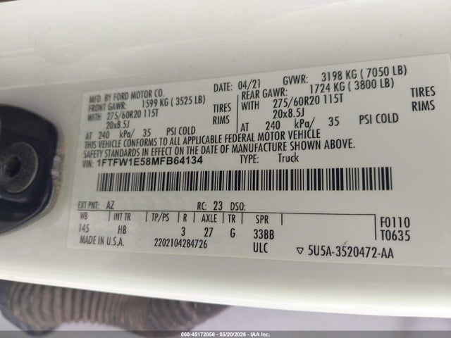 Ford F-150 Lariat 2021 1FTFW1E58MFB64134 Image 9