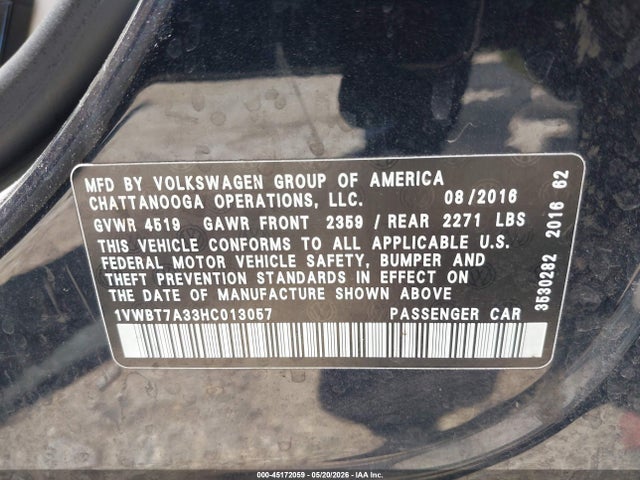 Продажа на аукционе авто 2017 Volkswagen Passat 1.8t Se, vin: 1VWBT7A33HC013057, номер лота: 45172059