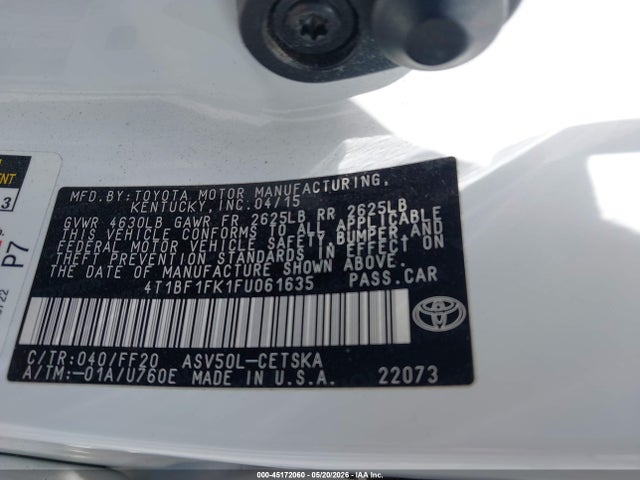 2015 Toyota Camry Se მანქანა იყიდება აუქციონზე, vin: 4T1BF1FK1FU061635, აუქციონის ნომერი: 45172060