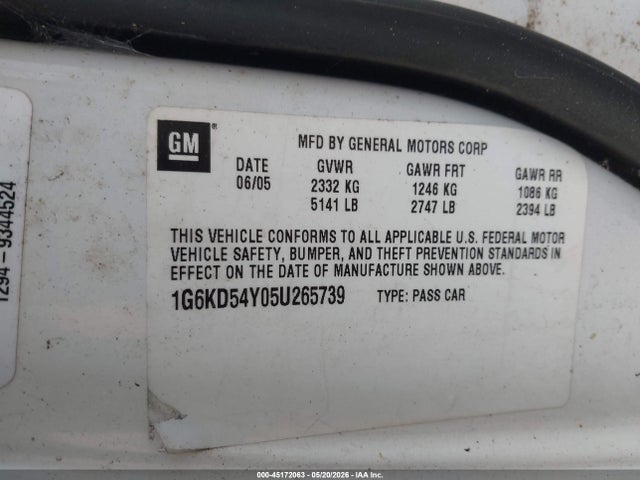 Продаж на аукціоні авто 2005 Cadillac Deville Livery, vin: 1G6KD54Y05U265739, номер лоту: 45172063