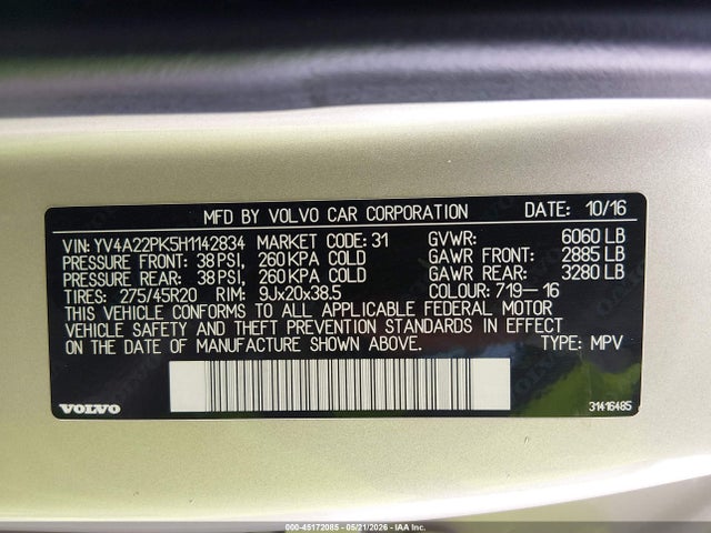 Aukcja sprzedaży 2017 Volvo Xc90 T6 Momentum, vin: YV4A22PK5H1142834, numer aukcji: 45172085