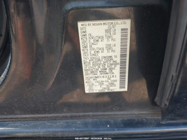Продажа на аукционе авто 2007 Nissan Pathfinder S, vin: 5N1AR18W87C633181, номер лота: 45172087