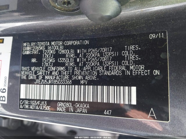 2011 Toyota 4runner Sr5 V6 მანქანა იყიდება აუქციონზე, vin: JTEZU5JR1B5033368, აუქციონის ნომერი: 45172093