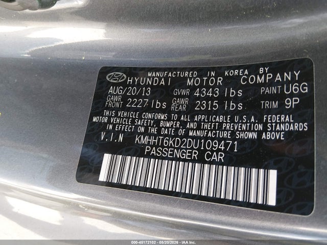 Aukcja sprzedaży 2013 Hyundai Genesis 2.0t Premium, vin: KMHHT6KD2DU109471, numer aukcji: 45172102