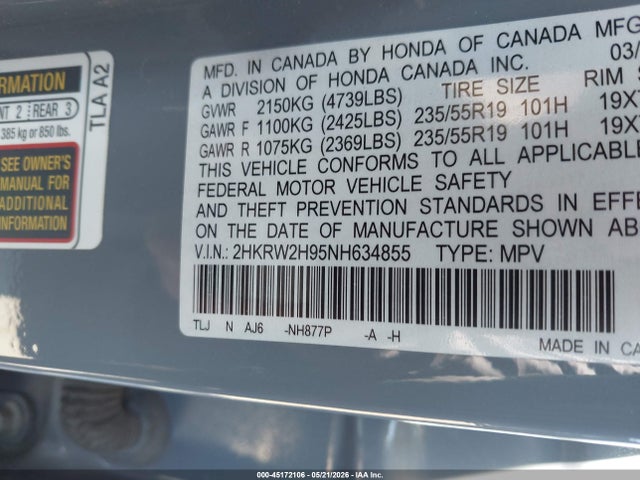 Продаж на аукціоні авто 2022 Honda Cr-v Awd Touring, vin: 2HKRW2H95NH634855, номер лоту: 45172106