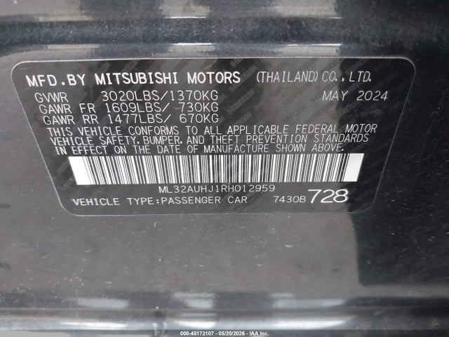 Aukcja sprzedaży 2024 Mitsubishi Mirage Es/le, vin: ML32AUHJ1RH012959, numer aukcji: 45172107