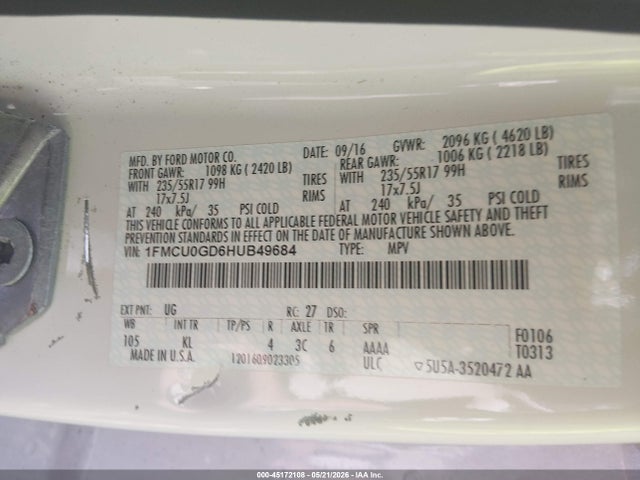 45172108 :رقم المزاد ، 1FMCU0GD6HUB49684 vin ، 2017 Ford Escape Se مزاد بيع