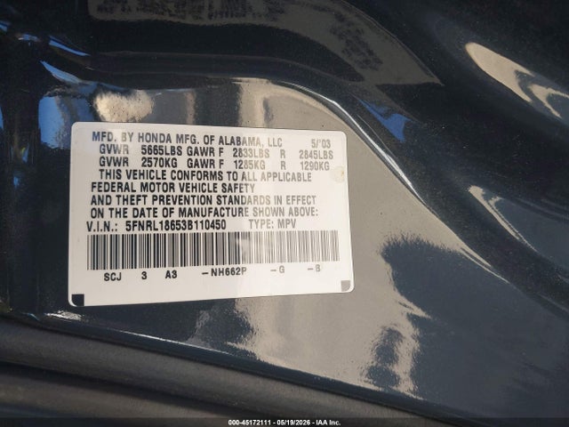 45172111 :رقم المزاد ، 5FNRL18653B110450 vin ، 2003 Honda Odyssey Ex مزاد بيع