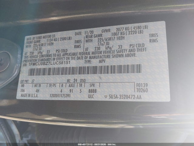 Aukcja sprzedaży 2020 Ford Escape Se Sport Hybrid, vin: 1FMCU0BZ7LUC58151, numer aukcji: 45172112