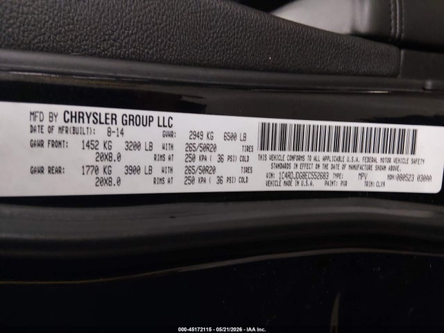 2014 Dodge Durango Limited მანქანა იყიდება აუქციონზე, vin: 1C4RDJDG8EC552683, აუქციონის ნომერი: 45172115