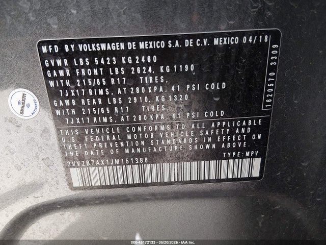 3VV2B7AX1JM151386 Volkswagen Tiguan 2.0t Se/2.0t Sel