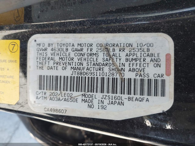 Aukcja sprzedaży 2001 Lexus Gs 300, vin: JT8BD69S110128770, numer aukcji: 45172137