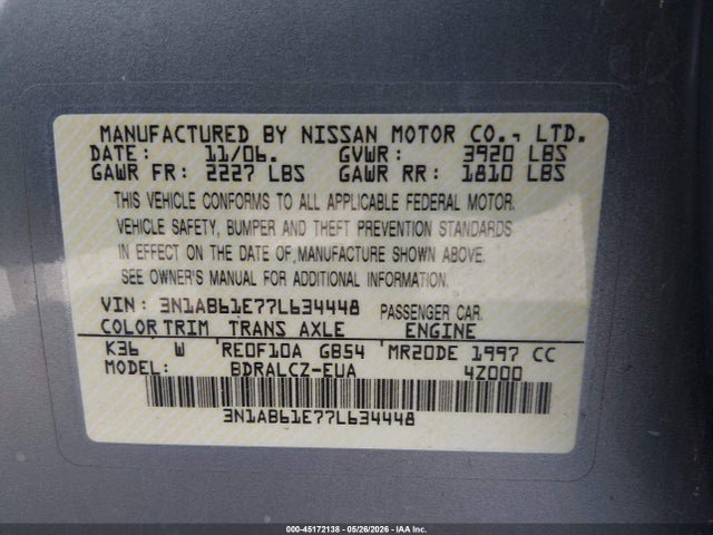 2007 Nissan Sentra 2.0 მანქანა იყიდება აუქციონზე, vin: 3N1AB61E77L634448, აუქციონის ნომერი: 45172138