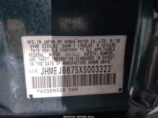 45172145 :رقم المزاد ، JHMEJ6675XS003323 vin ، 1999 Honda Civic Lx مزاد بيع