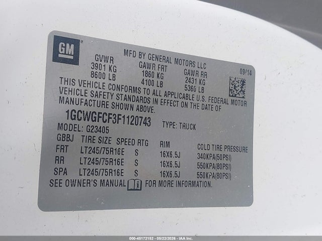 Aukcja sprzedaży 2015 Chevrolet Express 2500 Work Van, vin: 1GCWGFCF3F1120743, numer aukcji: 45172152
