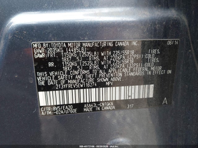 Aukcja sprzedaży 2014 Toyota Rav4 Limited, vin: 2T3YFREV5EW116274, numer aukcji: 45172156