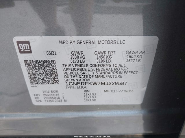 45172160 :رقم المزاد ، 1GNERFKW7MJ229587 vin ، 2021 Chevrolet Traverse Fwd Ls مزاد بيع