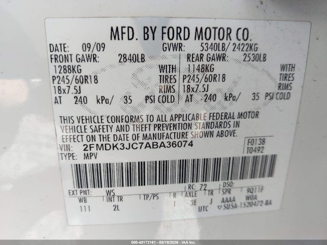 45172161 :رقم المزاد ، 2FMDK3JC7ABA36074 vin ، 2010 Ford Edge Sel مزاد بيع