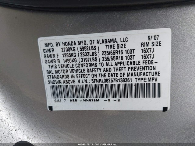 Продажа на аукционе авто 2007 Honda Odyssey Lx, vin: 5FNRL38257B138361, номер лота: 45172172
